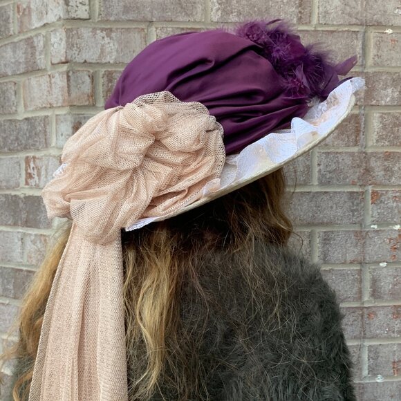 Victorian Edwardian Feather Floral Touring Riding Hat with Long Train - Picture 3 of 12